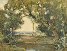 Samuel John Lamorna Birch, a woodland pool with a distant town beyond, watercolour, signed, 13" x