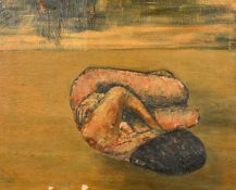20th Century British School, a female figure curled up in a landscape, oil on canvas, 18" x 22" (