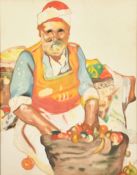 A study of a North African market trader, watercolour, signed with initials M.W., 12" x 9.5" (30 x