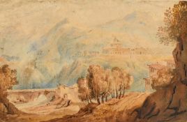 Follower of Edward Lear, Buildings by a bridge in a valley with a large prominent building in the