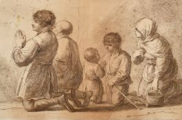 Bartolozzi after Barbieri, an engraving of a praying family, plate size 11" x 16" (28 x 40cm), along