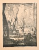 Leslie Moffat Ward (1888-1978), 'Liners Taking in Stores at Southampton Docks', lithograph, 19" x