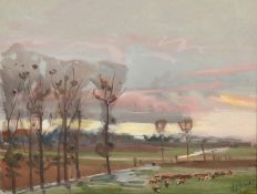 Early 20th Century French School, Livestock in a field, watercolour heightened in white,
