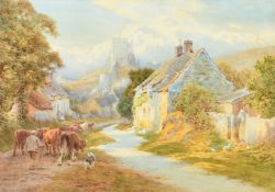 Charles James Adams (1859-1931) British, Moving the herd through the village, a ruined castle on a