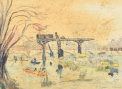 Manner of Signac, a river landscape with barges and boats under a gantry, watercolour, bears