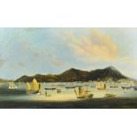 Anglo-Chinese School, a view of boats moored near Hong Kong, oil possibly on paper laid down, 18"