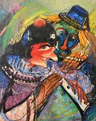 20th Century, 'Clowns', one playing a musical instrument, oil on panel, bears signature of Lacasse