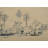 20th Century pencil sketch, 'Pink Palace, Khartoum', figures beneath palm trees, inscribed and dated