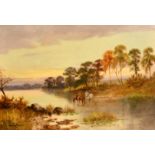 Henry Cooper (19th/20th Century) British, a figure and horses crossing a river at dusk, oil on