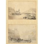 Two pencil sketches in one mount, a view of a bridge over a river near buildings and a church, the
