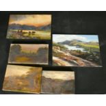 A grouped lot of nine unframed oil landscape views, some on canvas, various sizes from 7" x 10" (