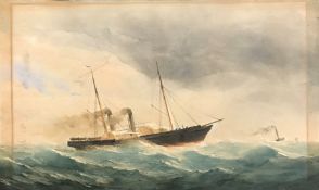 19th Century English School, a steam ship rolling in heavy seas, watercolour, 15" x 24" (38 x