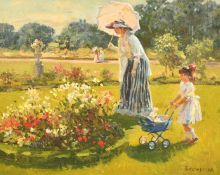 Jakov Besperstov (1929-1995) Russian, A mother and child admiring flowers in a park, oil on