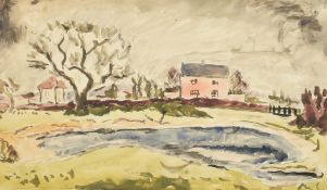 Rowland Suddaby (1912-1972), a farmhouse in a landscape with trees, watercolour, signed with