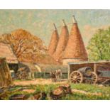 Henry Samuel Merritt (1884-1963) British, a figure and horses by oast houses, oil on canvas, signed,