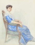 Continental School circa 1890, A lady seated on a chair wearing a long blue dress with a white
