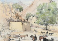 Early 20th Century School, 'Yemeni Mosque, Khor Fakhan', watercolour, indistinctly signed, 10.5" x