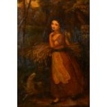 Circle of Francis Wheatley, a young gleaner and her dog in a landscape, oil on canvas, 22" x 15" (56