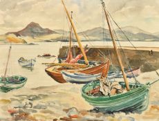 D. Cashmore, Moored sailing boats by a stone pier, possibly Scotland, watercolour, signed, 15" x