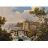 19th Century Continental School, figures crossing a wooden bridge with a castle on the horizon,