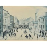 L.S. Lowry (1887-1976), a print of figures in a busy street, signed in pencil, with blindstamp,