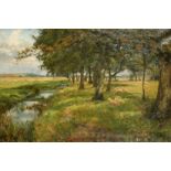 Annette Elias (1849-1921) British, An extensive landscape with sheep grazing beneath trees near to a