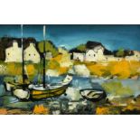 J. M (20th Century, Moored boats at low tide with a row of cottages on the opposite bank, acrylic,
