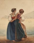 Italian School, Circa 1827, female figures overlooking the bay at Mola di Garta, watercolour, signed
