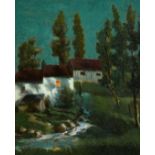 Rene Tassoul (early 20th Century), A group of dwellings by a stream at dusk, oil on board, signed,