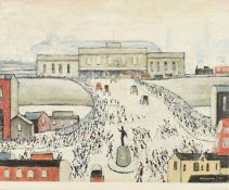 Laurence Steven Lowry (1887-1976), 'Station Approach', a crowd heading towards a station, colour