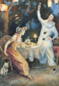 C. J. Wesley (20th Century), Pierrot and Columbine on a lantern lit terrace, watercolour, signed,