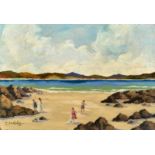 C. McAuley, A rocky coastal scene with bathers, oil on panel, with signature, 12.5" x 18", (32x46cm)