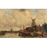 Dutch School (Late 19th Century), Windmills along the canal with moored boats and figures, oil on