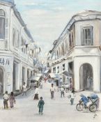 Chinese School (20th/21st Century), A busy city street and a village alley, oils on canvas, one
