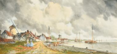 Louis Van Staaten (1836-1909), Hermanus Koekkoek II, 'Near Rotterdam, figures and boats by a quay,