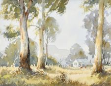 Frank Mutsaers (1920-2005) Australian, cattle by a dwelling with tall trees in the foreground,