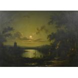 Sebastian Pether (1790-1844) British, figures in a boat on a moonlit lake with a watermill and