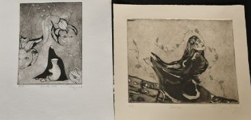 A collection of nine 20th Century etchings, all indistinctly signed and inscribed in pencil, various