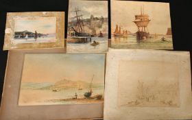 A collection of seven mostly 19th Century watercolours of estuary and harbour scenes, all around 8.