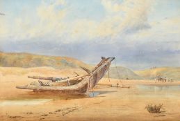 J.W. Walker, A piece of wreckage on the shore, figures with a horse and cart beyond, watercolour,