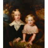Circle of Thomas Lawrence, Circa 1830, a portrait of two children amongst foliage with a landscape