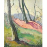 John Riddle (20th Century) A sloping landscape with tree trunks, oil on canvas, signed and dated '