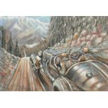 Manner of F. Gordon Crosby (1885-1943), A mountainous rally, mixed media, mostly pastel and