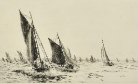 William Lionel Wyllie, fishing boats heading for shore, print, signed in pencil, inscribed 'Proof