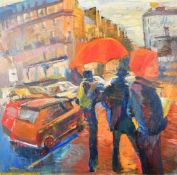 Maria Margarita Iuca (b. 1943) French / Romanian, figures holding umbrellas in a busy city street,