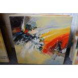 Colourful abstract and landscape scenes, oil on canvas, unframed, a set of eight.