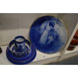 A large Doulton cabinet plate depicting mother and child together with other blue and white china.