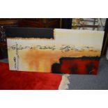 Colourful abstracts and landscapes, oil on canvas, group of four, various sizes.