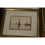 A pair of watercolours of sailing boats together with another watercolour depicting children in an