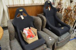 A pair of OMP car racing seats with harnesses, appear unused.